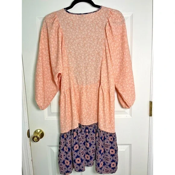 Bobeau Peasant Dress Sz M Coral/Navy Colorblock Boho Tassels - Picture 3 of 11